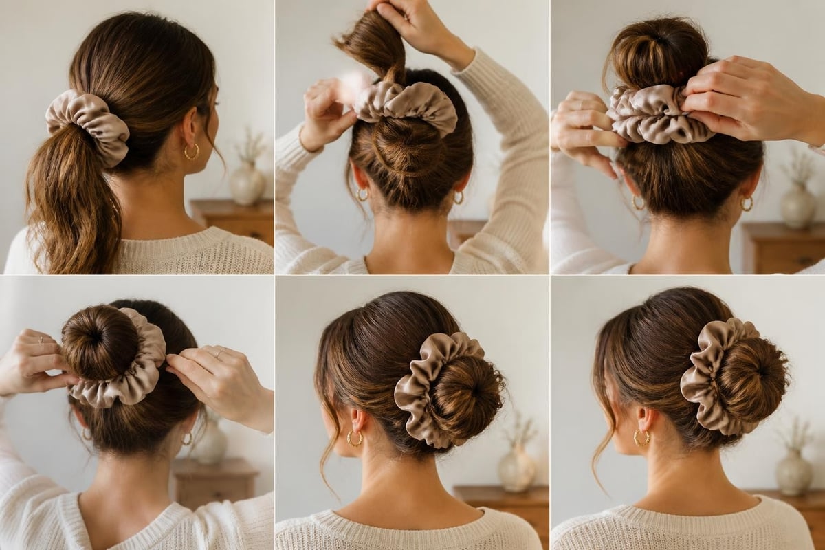Structured updo built around an oversized scrunchie with sections pulled through the fabric loops