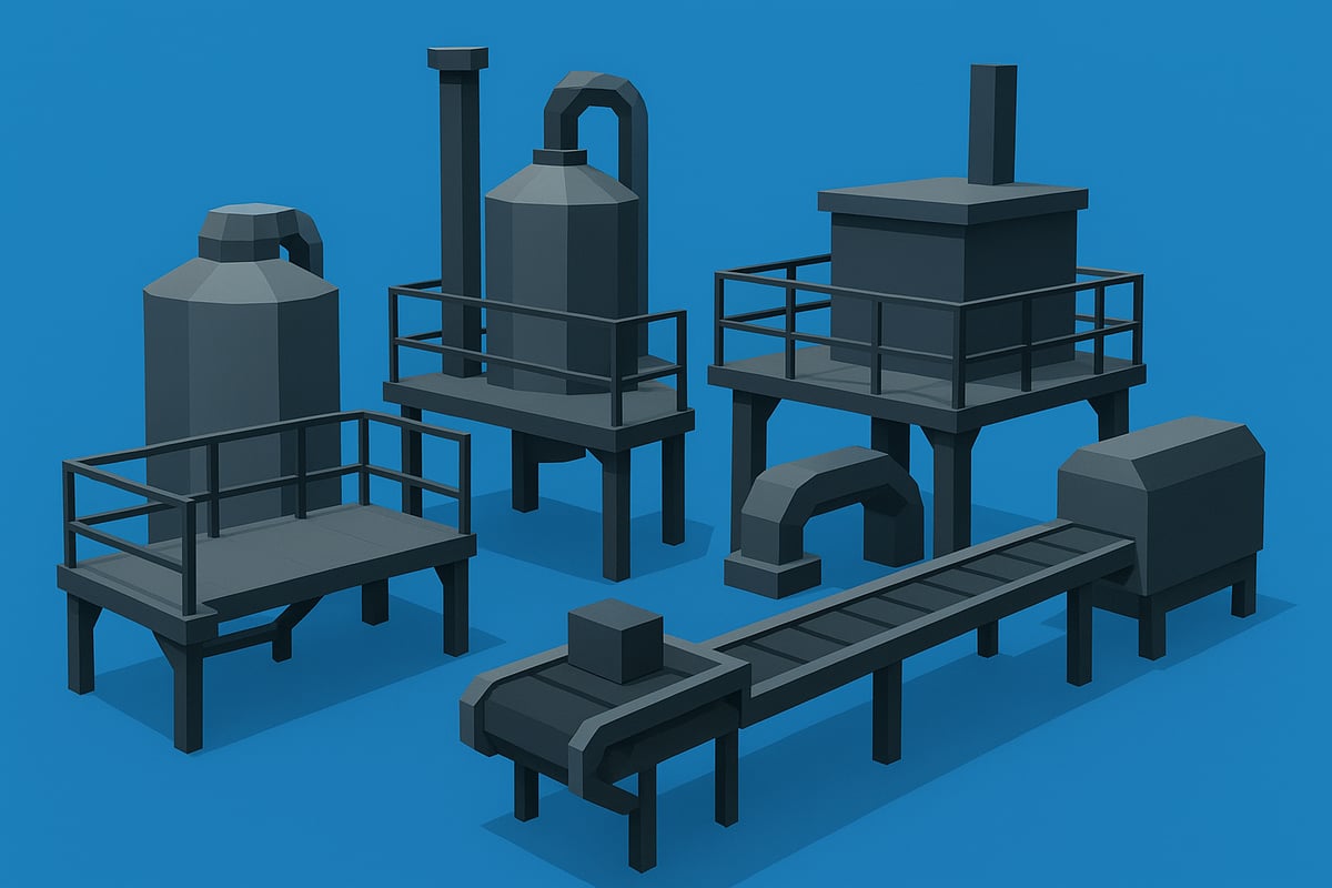 Low-poly industrial equipment and platforms in dark gray, illustrating custom fabrication metal solutions for manufacturing environments.