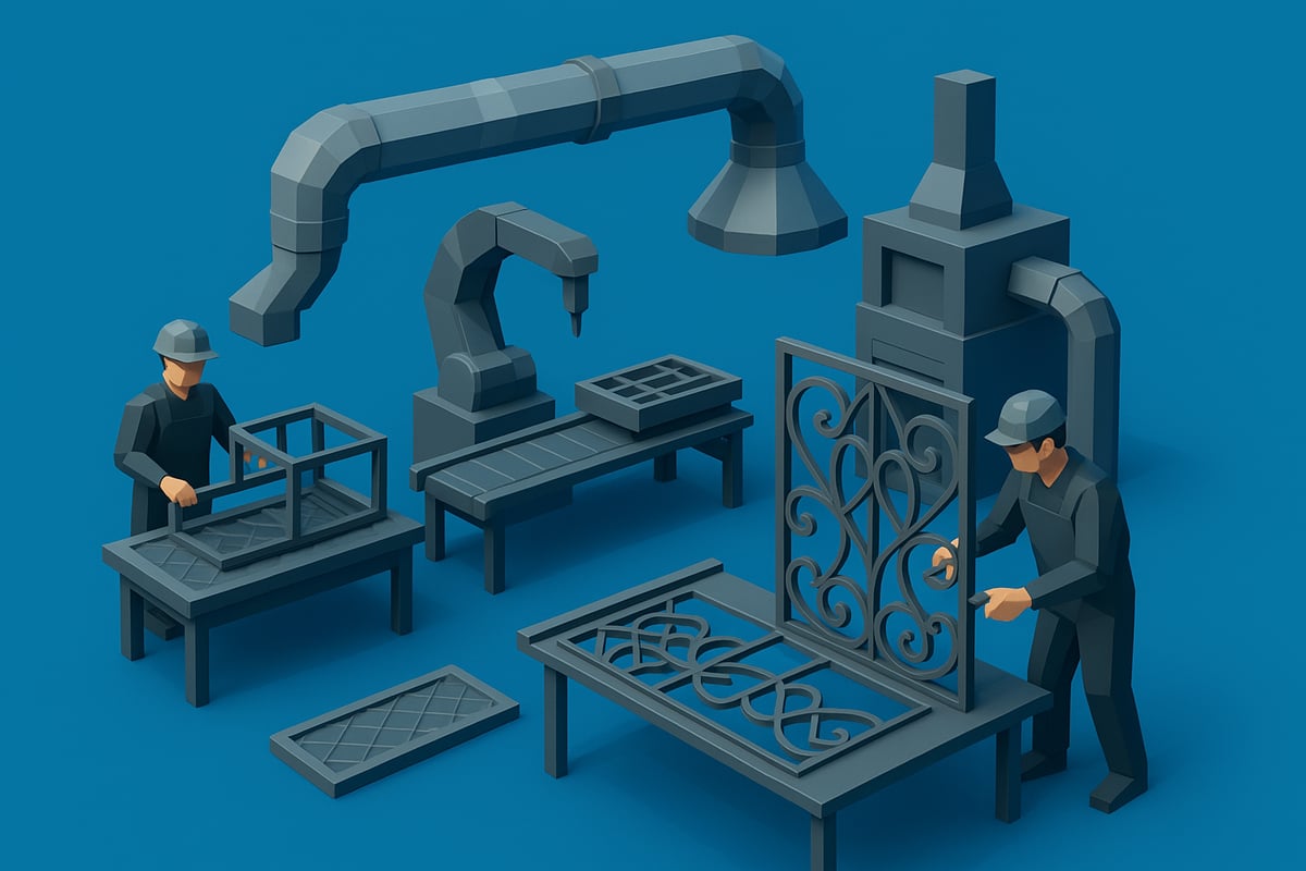 Workers using custom metal fabrication tools and machinery to create intricate designs and components in an industrial setting.