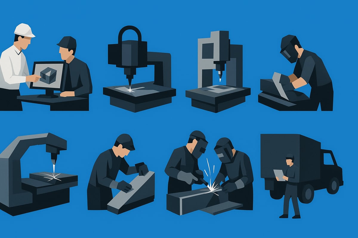 Illustration depicting stages of custom metal fabrication, featuring engineers collaborating, CNC machining, welding, and material handling processes, set against a blue background.