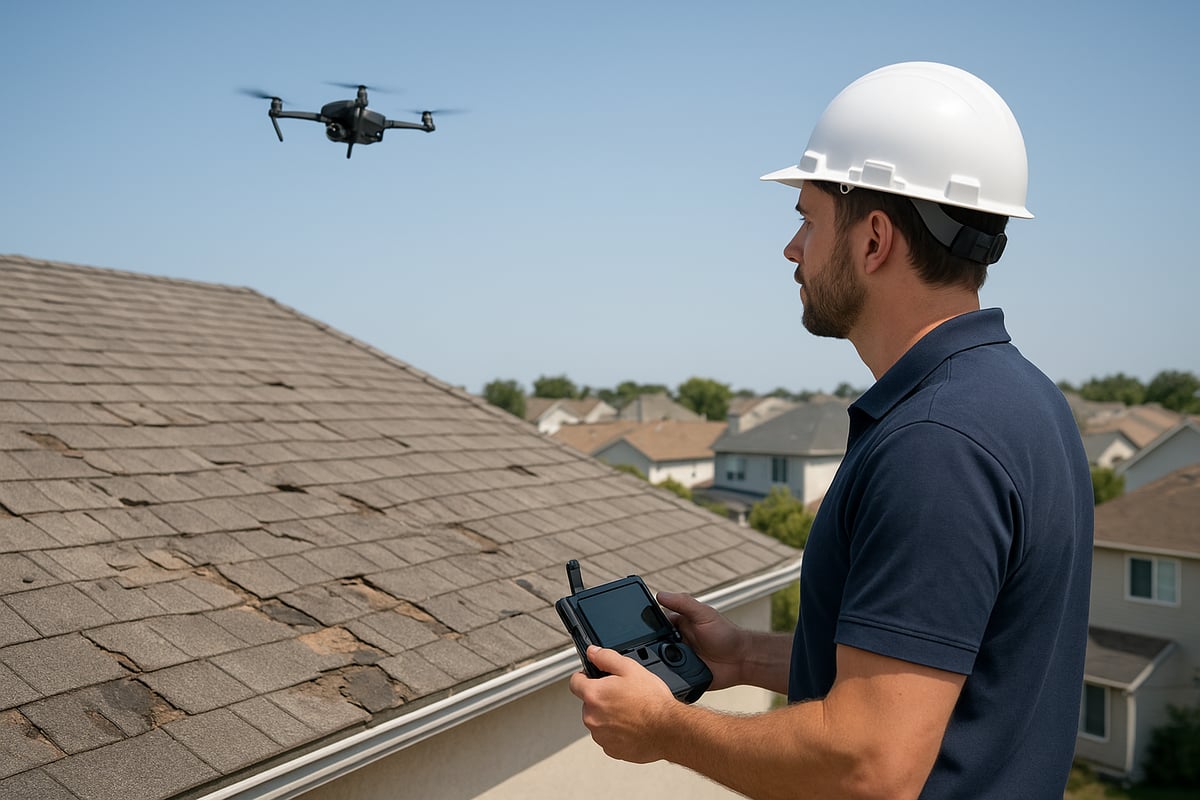 Professional inspecting damaged roof shingles with drone, assessing roofing condition for replacement, emphasizing timely action in maintenance.