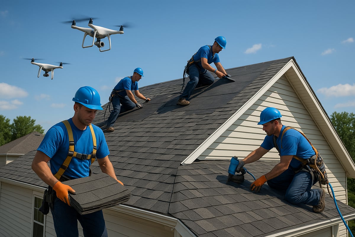 Roofing professionals installing shingles on a residential roof, using drones for assessment, showcasing modern roofing techniques and safety gear in a clear blue sky.