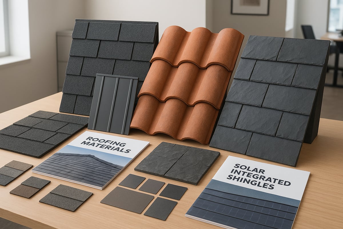 Display of various roofing materials including asphalt shingles, metal panels, and clay tiles, alongside brochures labeled "Roofing Materials" and "Solar Integrated Shingles," emphasizing options for roofing replacement in 2026.