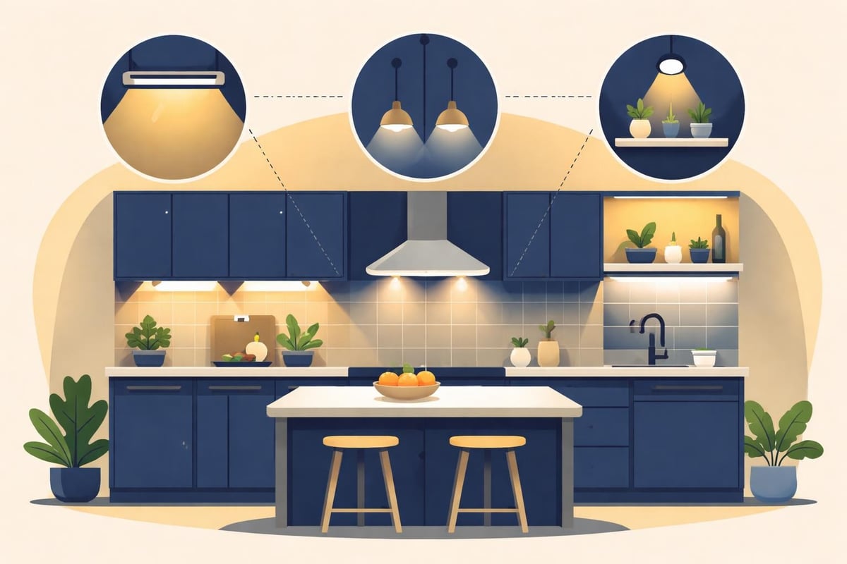 Dunkle Küche mit Beleuchtungskonzept