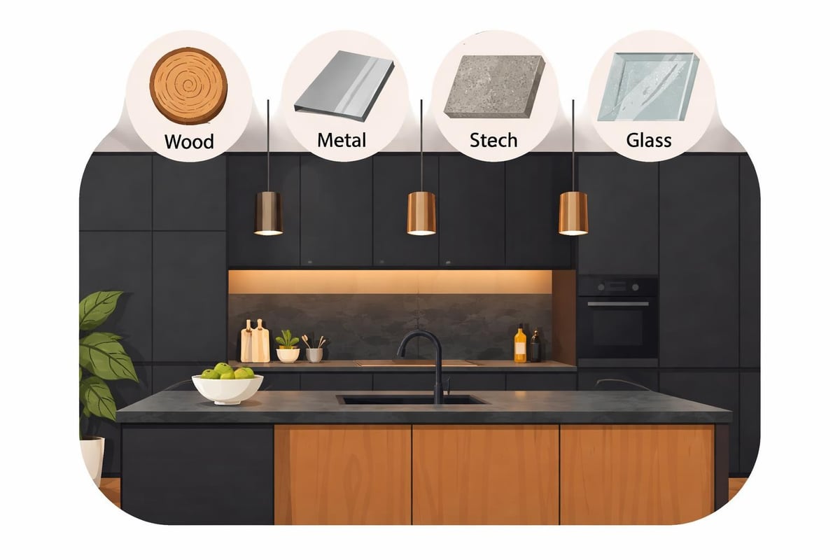 Materialkontraste in dunkler Küche