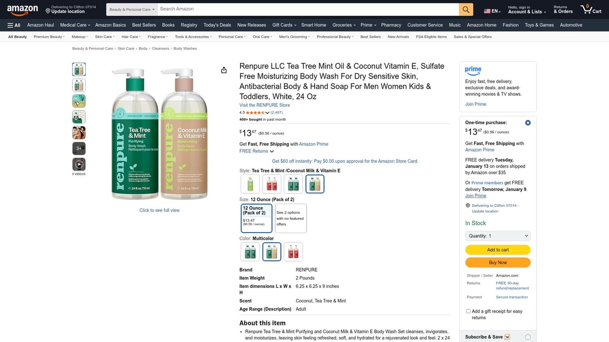 Top 7 Best Antibacterial Soap For Sensitive Skin in 2026 - RENPURE Tea Tree Mint & Coconut Milk Antibacterial Body Wash