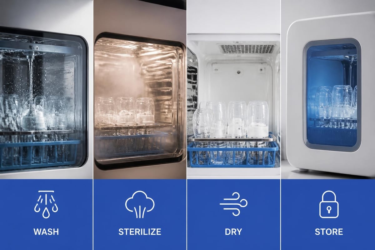 Infant bottle washer cycle stages