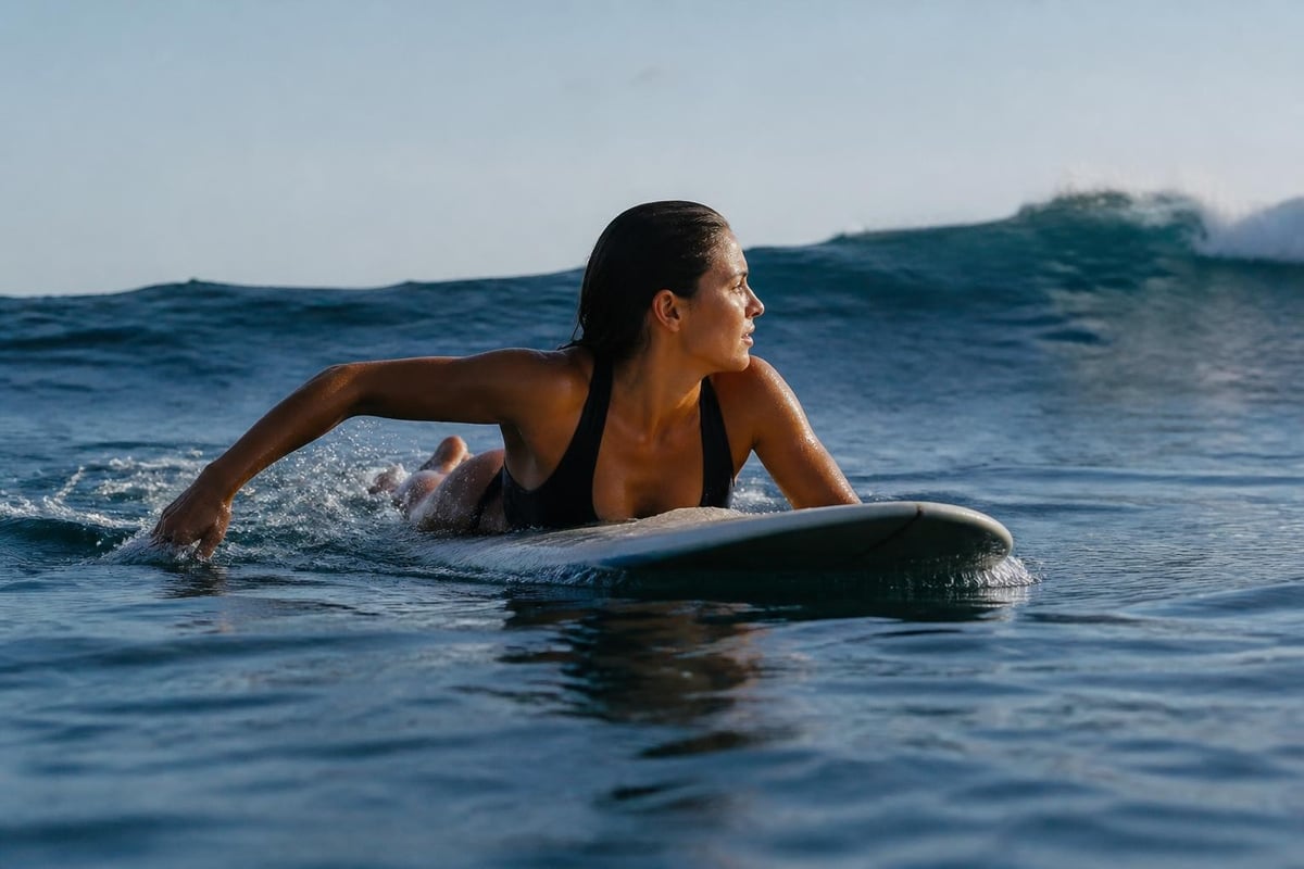 Surfer paddelt durch Wellen