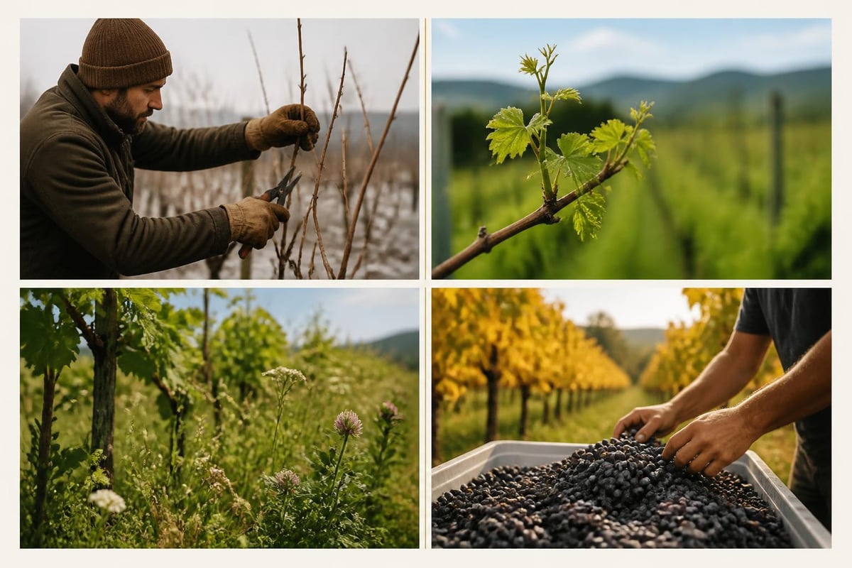 Seasonal vineyard cycle in organic Pinot Noir viticulture