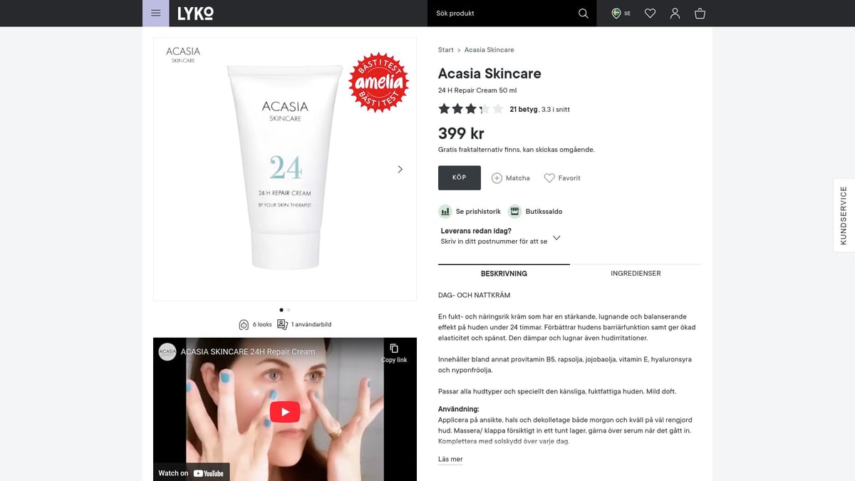 9 suosikkia: Kuivan ihon kasvovoide säteilevälle iholle 2026 - Acasia Skincare 24 H Repair Cream – Suojavoide lisäsuojalle