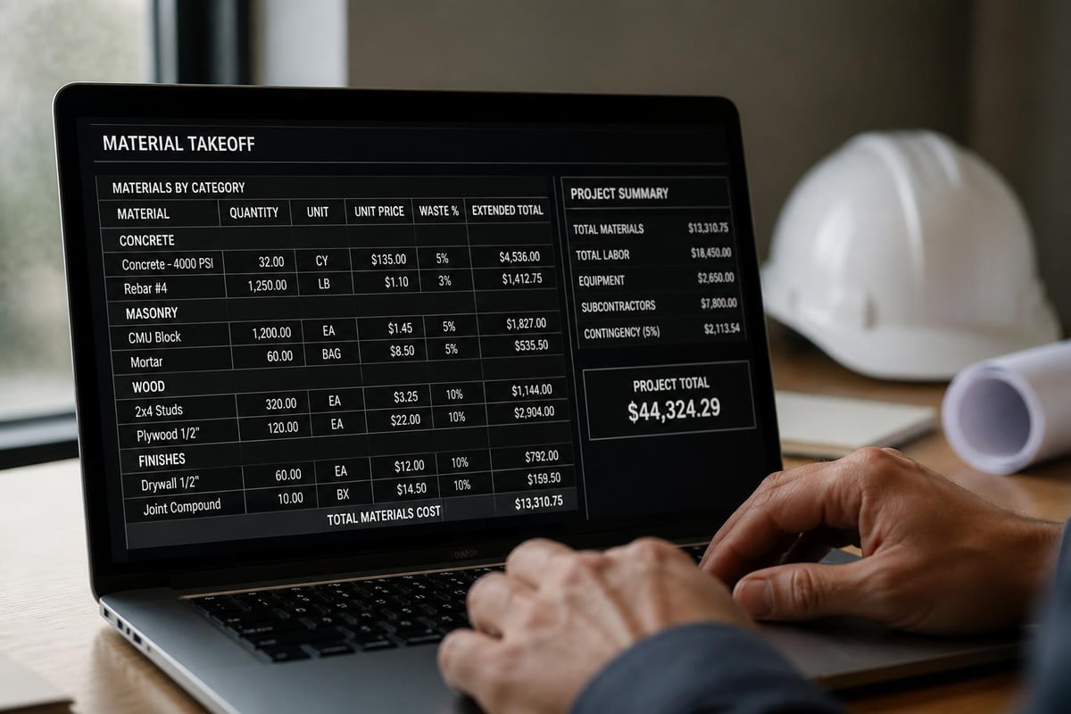 Material cost spreadsheet structure