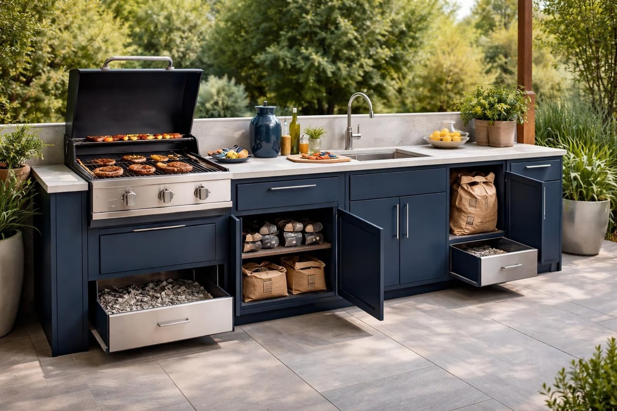 Charcoal outdoor kitchen layout zones