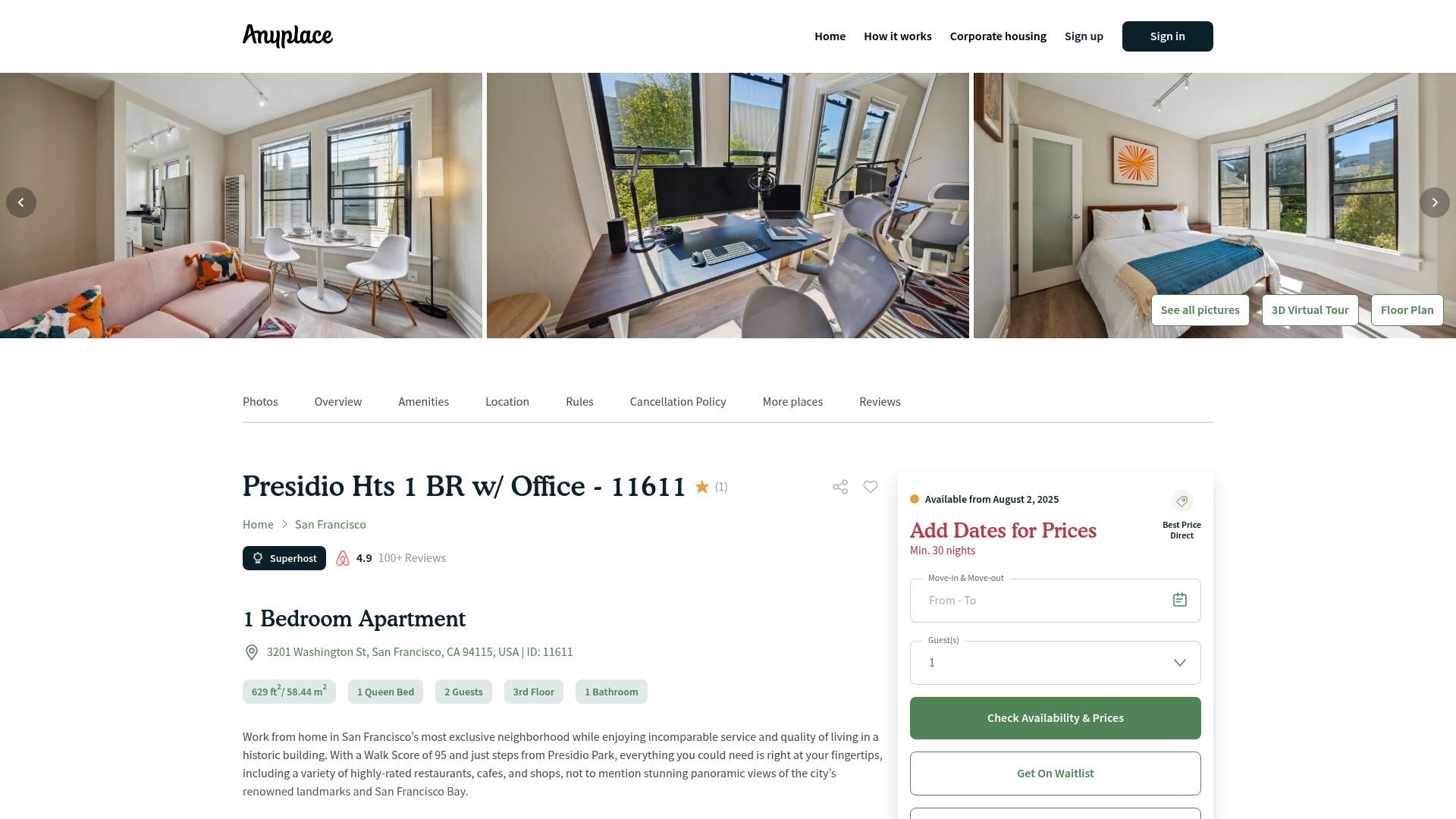 7 Best Work Apartments for Remote Professionals in 2025 - Presidio Heights 1BR w/ Office by Anyplace – San Francisco, CA