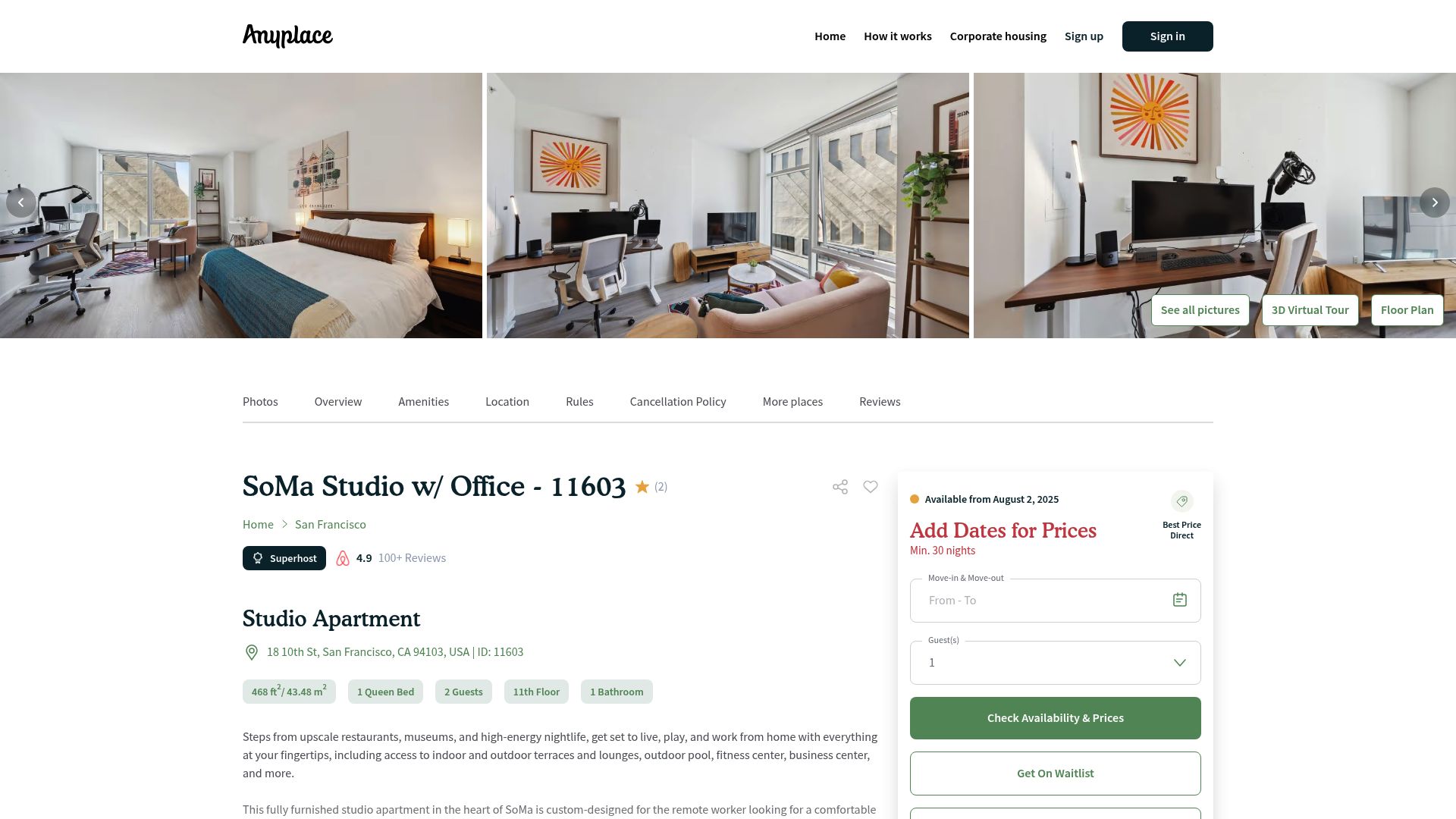 7 Best Work Apartments for Remote Professionals in 2025 - SoMa Studio w/ Office by Anyplace – San Francisco, CA