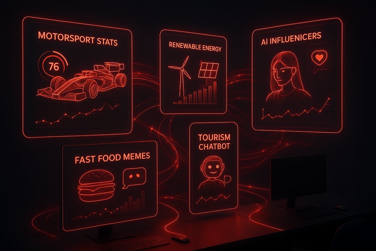 Glowing red digital displays on a desk with data visualizations: motorsports, entertainment, influencers, food, and tourism.