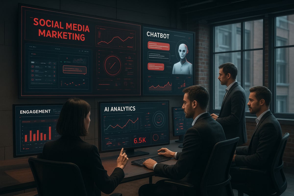 Business people in dark suits analyze data on monitors in a control room, with 