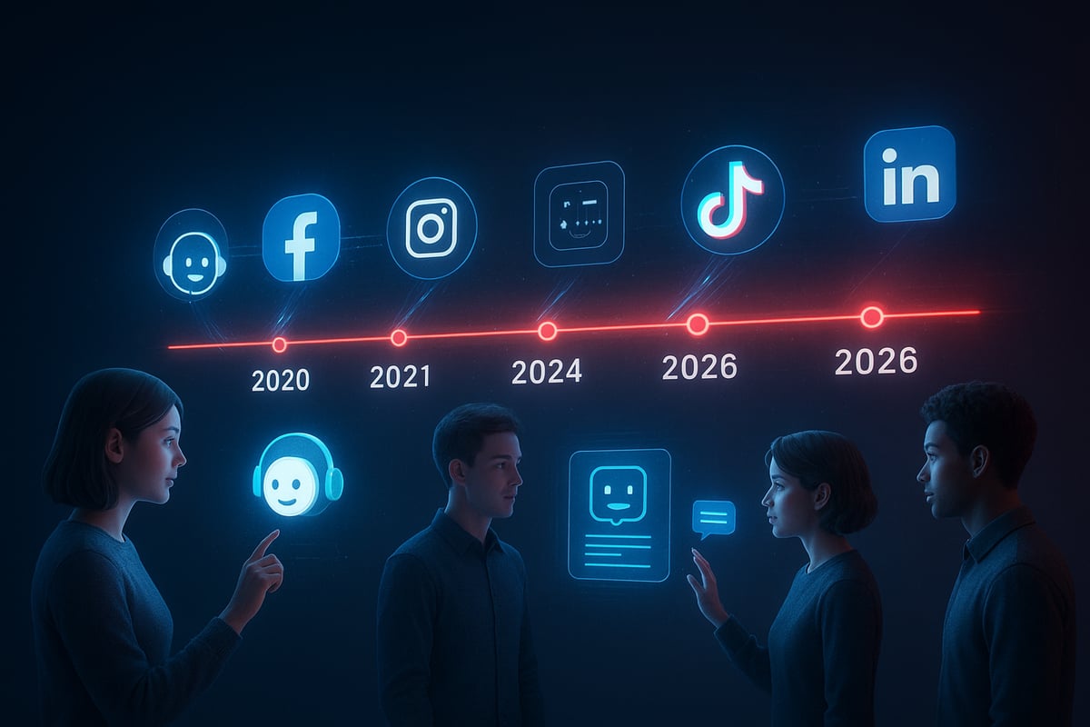 People interacting with glowing social media icons on a timeline; a futuristic tech concept.