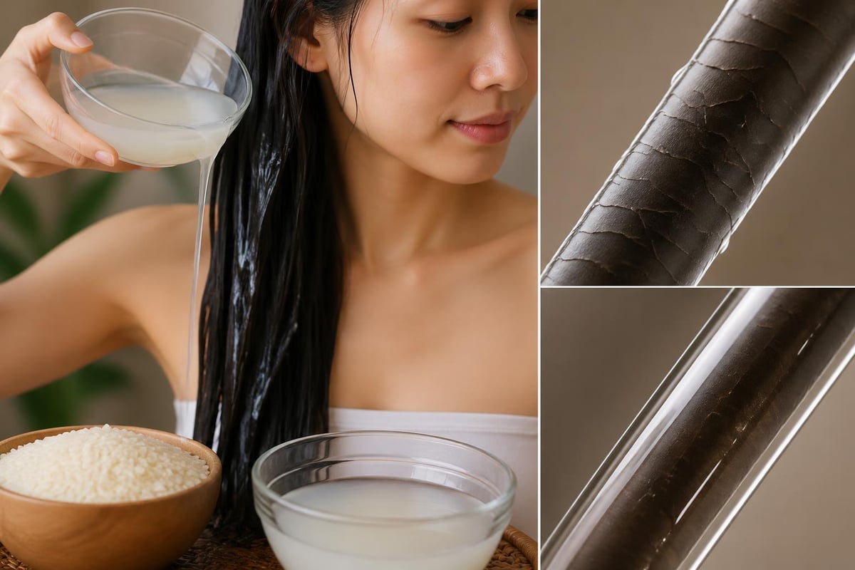 Rice water starch coating hair strands thickening inositol protein treatment