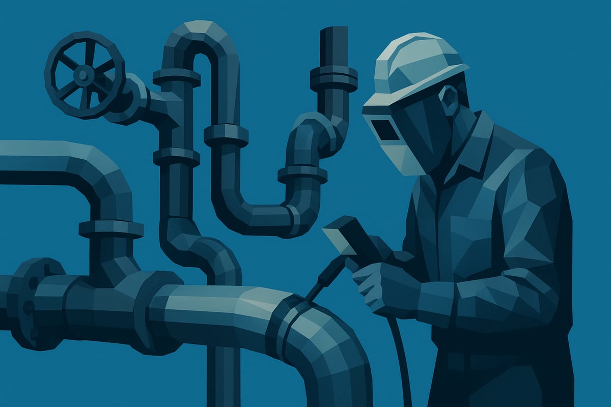 Low-poly illustration of a welder working on pressure piping systems, emphasizing ASME code welding standards and safety in industrial applications.