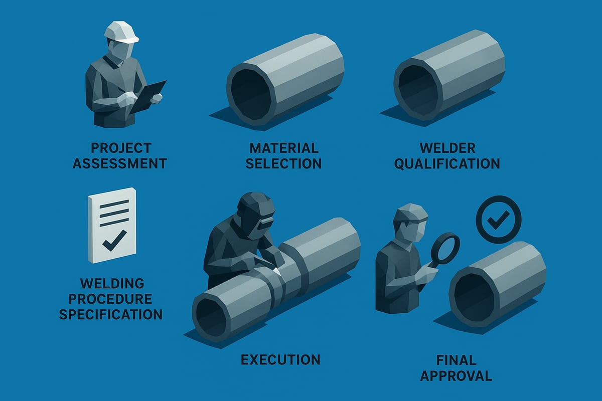 Low-poly illustration depicting a step-by-step guide for ASME code welding services for pressure piping, featuring project assessment, material selection, welder qualification, welding procedure specification, execution, and final approval.