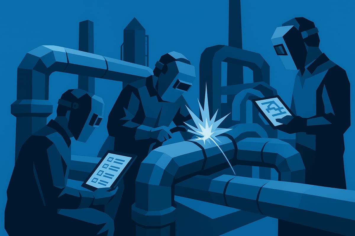 Team of welders working on pressure piping, using advanced techniques and tools, emphasizing compliance and safety in ASME code welding services.