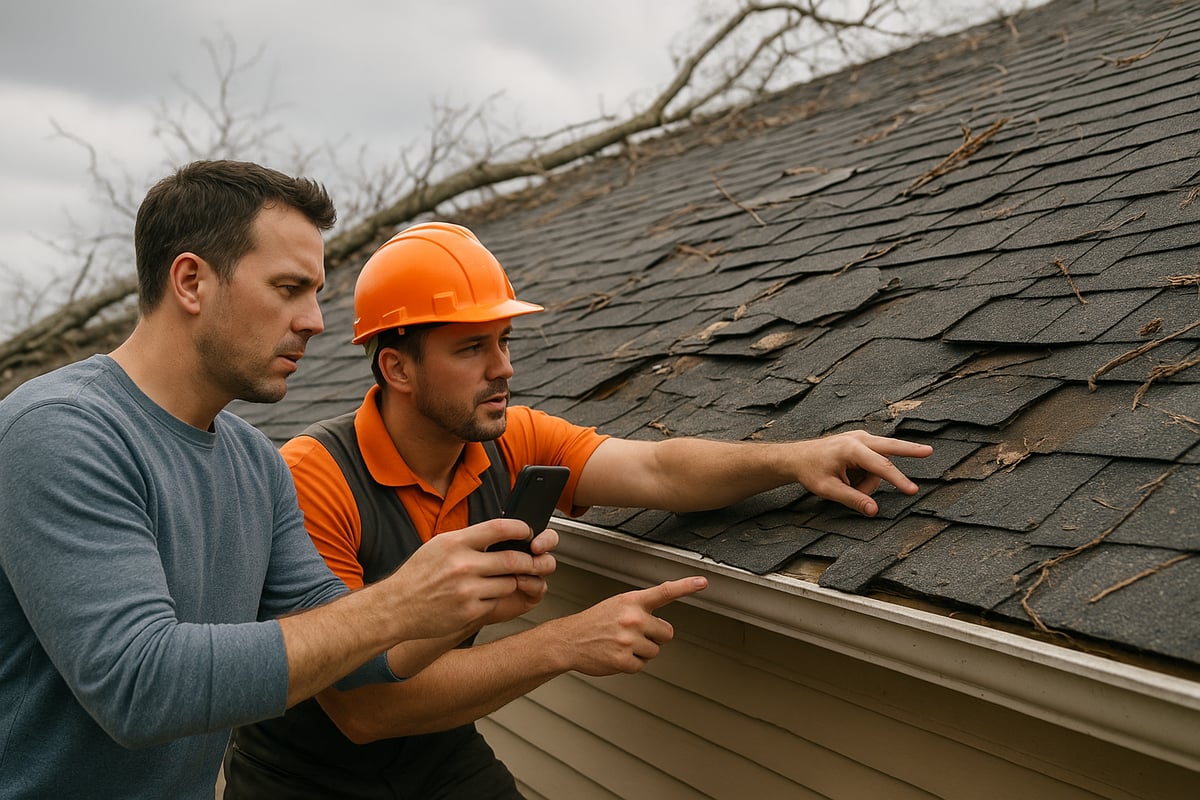 Homeowner and roofing professional inspecting damaged shingles on a roof, discussing roof repair and insurance claims for roof damage.