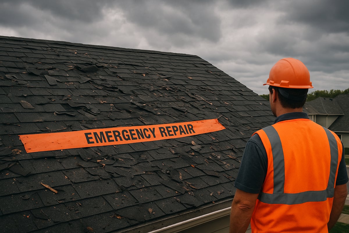 Worker in safety gear assessing a damaged roof with an "EMERGENCY REPAIR" sign, highlighting the urgency of roof damage repair in relation to insurance claims.