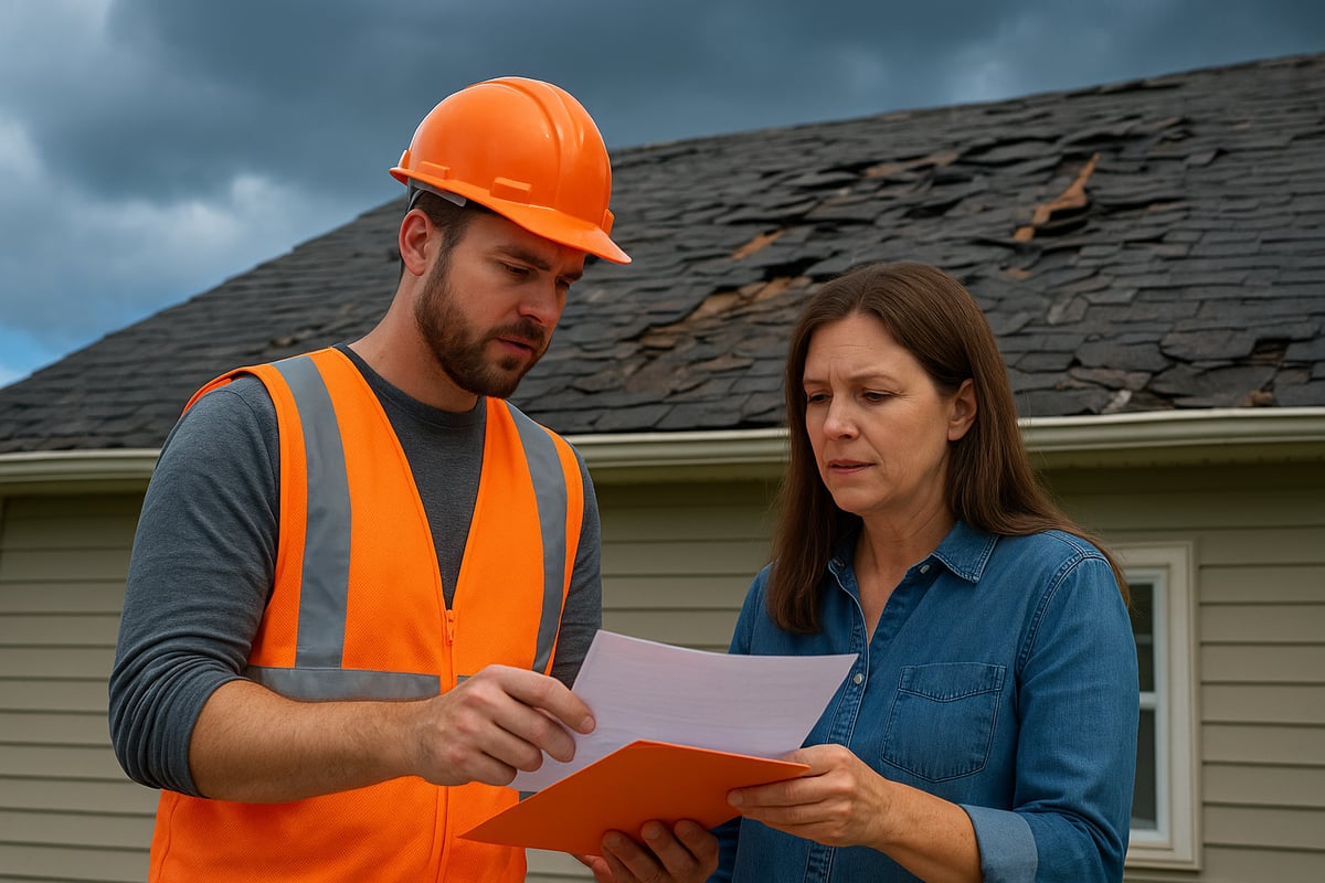 Construction worker and homeowner reviewing documents related to roof damage, with a damaged roof in the background, emphasizing insurance claims and repair processes.