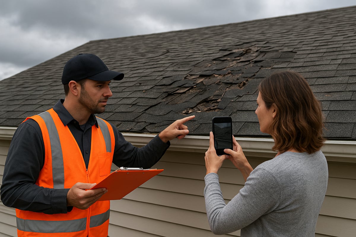 Insurance adjuster in safety vest inspecting roof damage and homeowner documenting with smartphone.