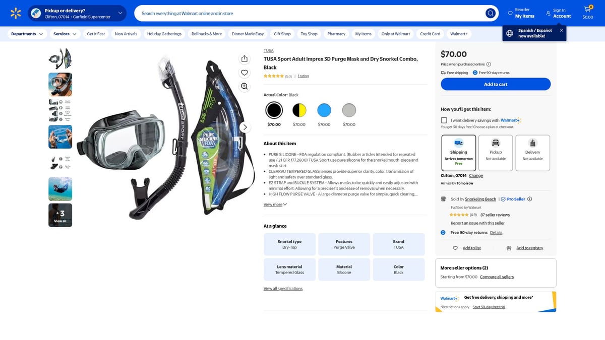 Top 7 Tusa Snorkel Mask Picks for 2026 Adventures - TUSA Sport Adult Imprex 3D Purge Mask and Dry Snorkel Combo, Black