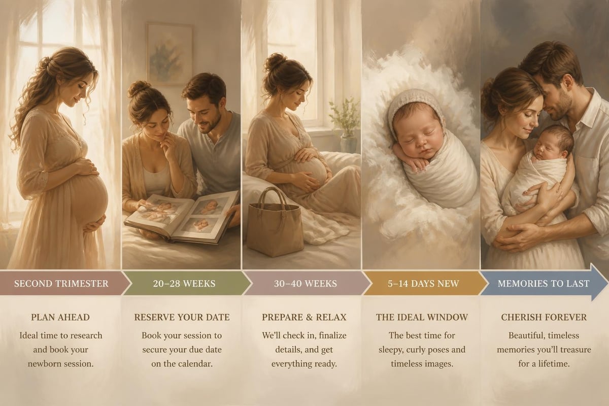 Timeline showing optimal newborn session booking and scheduling