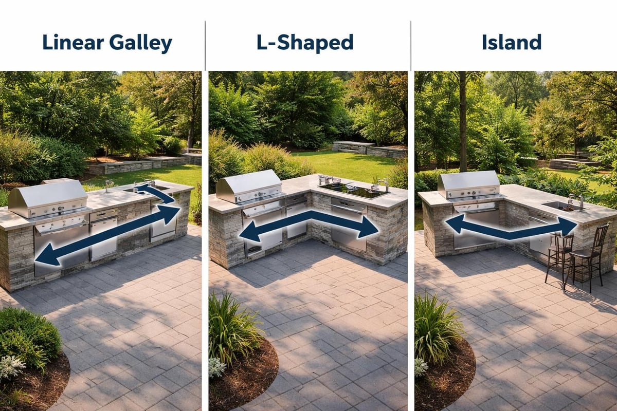 Outdoor kitchen layout configurations