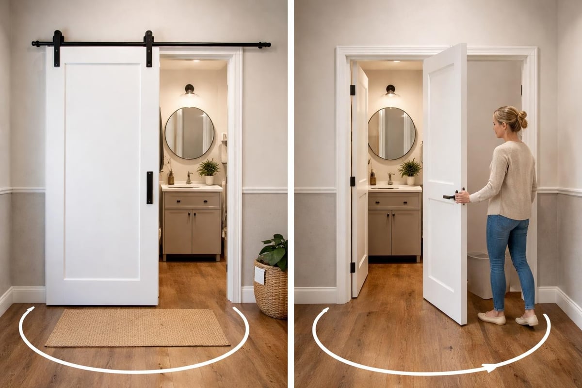 Space comparison between traditional swing doors and sliding barn doors