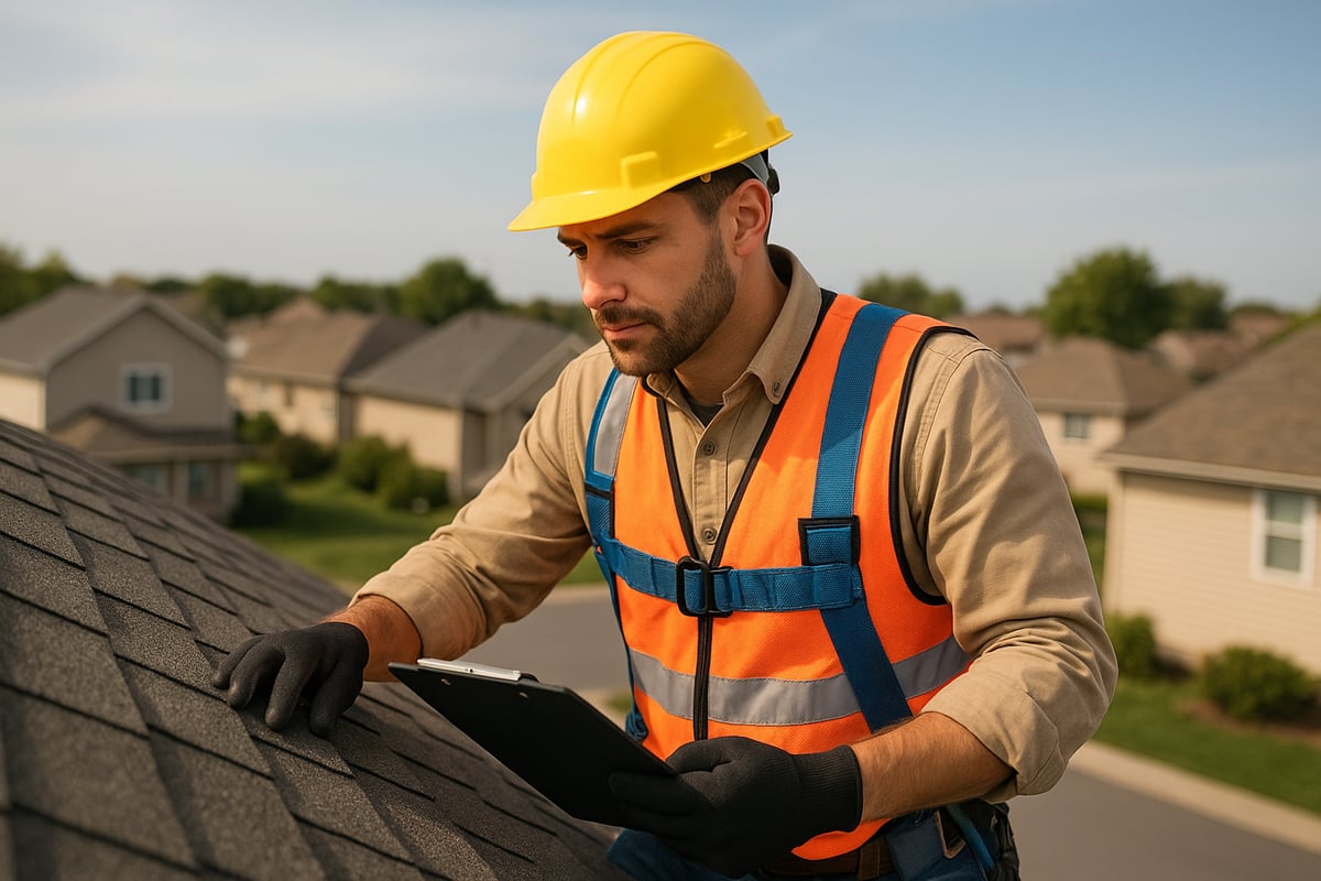 Professional roofer inspecting shingles on a residential roof, wearing a yellow hard hat and orange safety vest, with clipboard in hand, showcasing expertise in roof repairs and maintenance.
