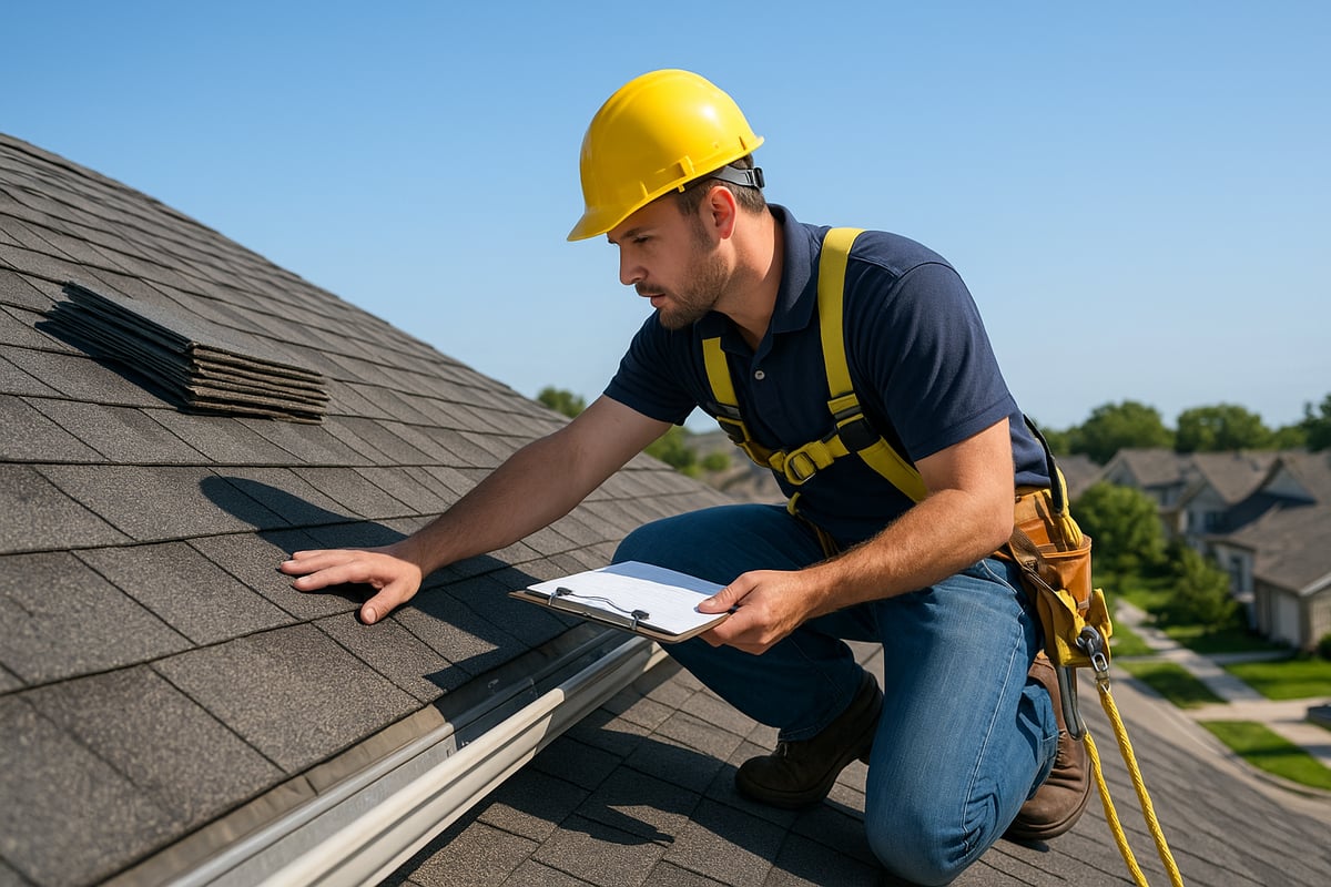 Roofing contractor inspecting shingles on residential roof with clipboard, emphasizing prompt service and reliability for urgent roof repairs.