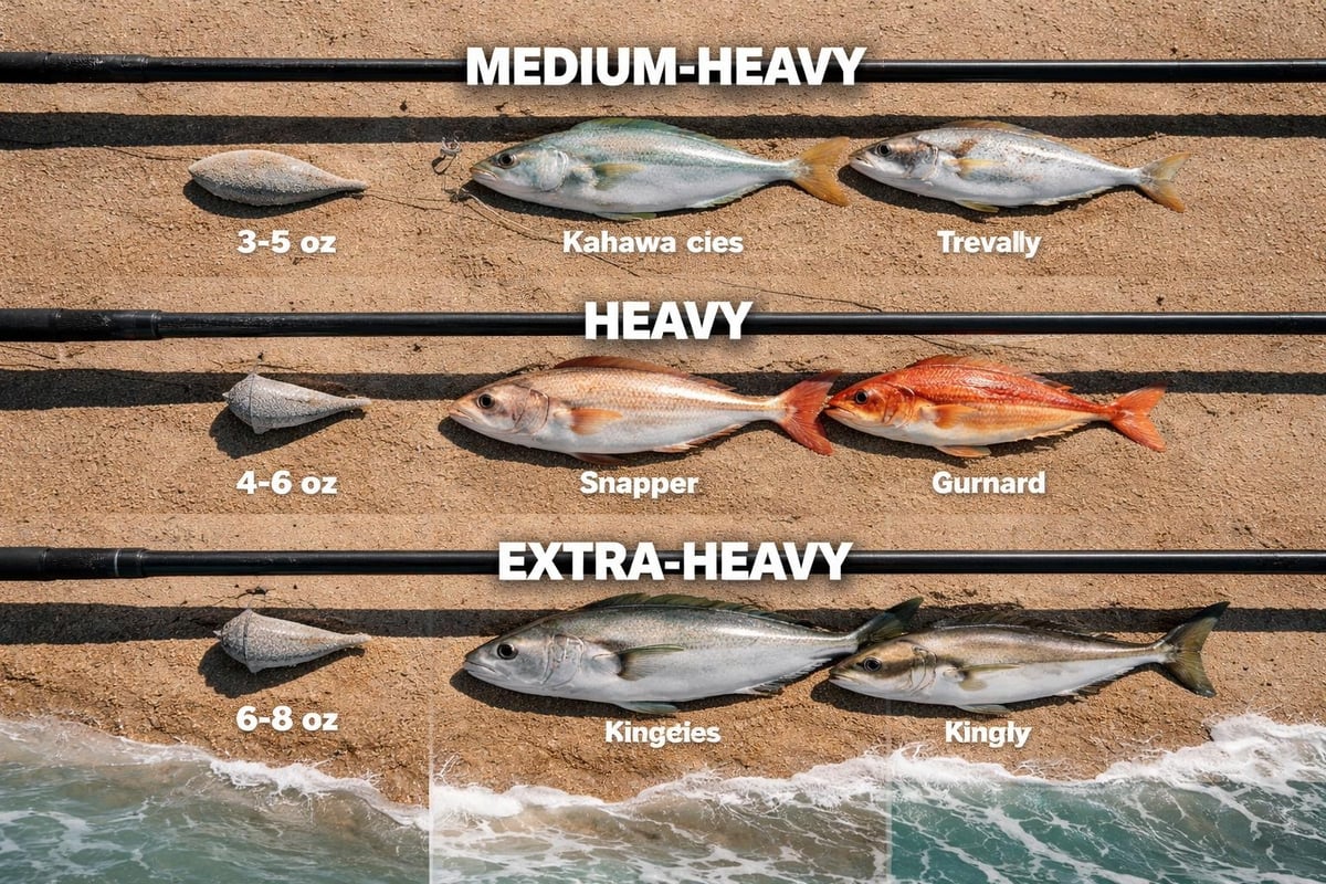 Surfcasting rod power ratings matched with sinker weights and NZ beach conditions