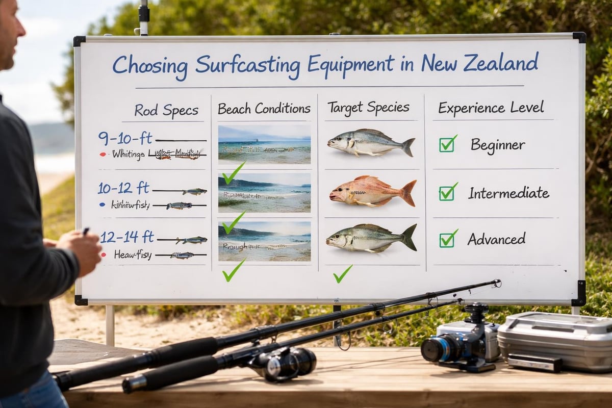 Surfcasting rod selection matrix for different NZ beach types