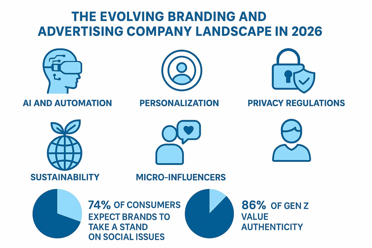 Infographic illustrating the evolving branding and advertising landscape in 2026, featuring icons representing AI and automation, personalization, privacy regulations, sustainability, and micro-influencers, alongside statistics highlighting consumer expectations for brands to take a stand on social issues and Gen Z's value for authenticity.