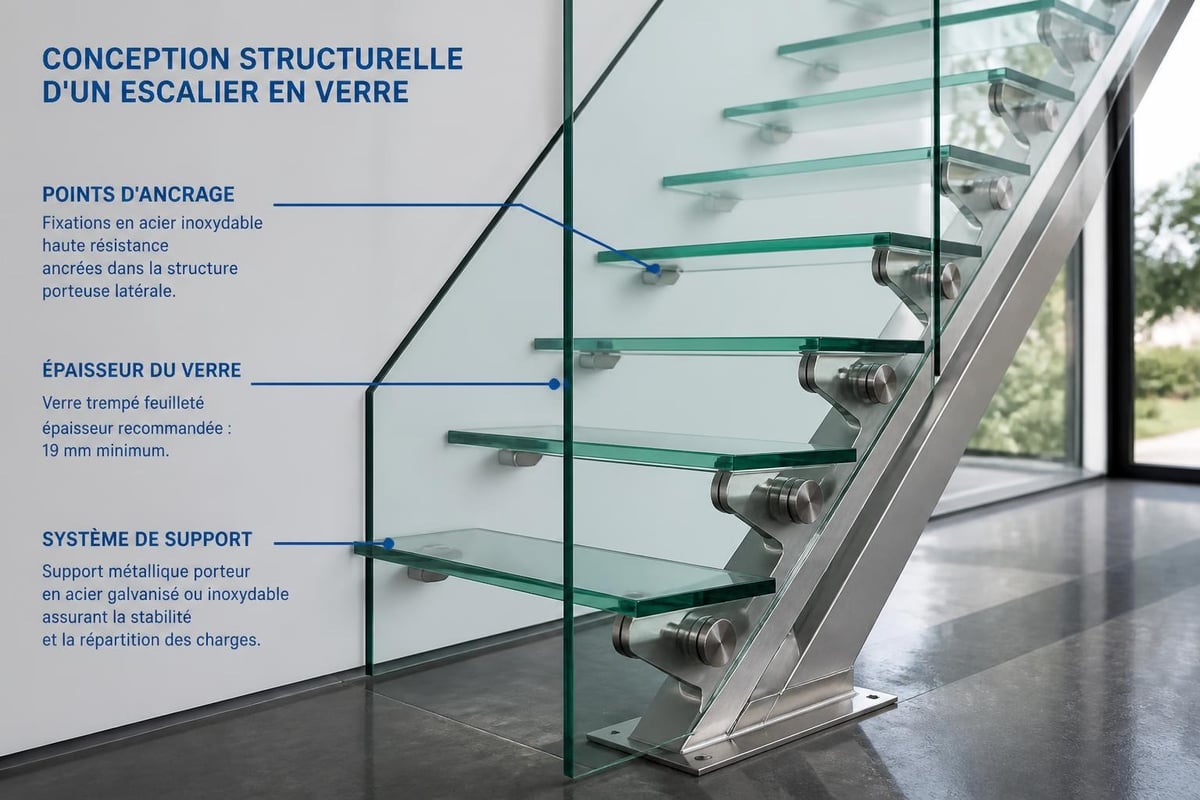 Configuration technique d'un escalier vitré