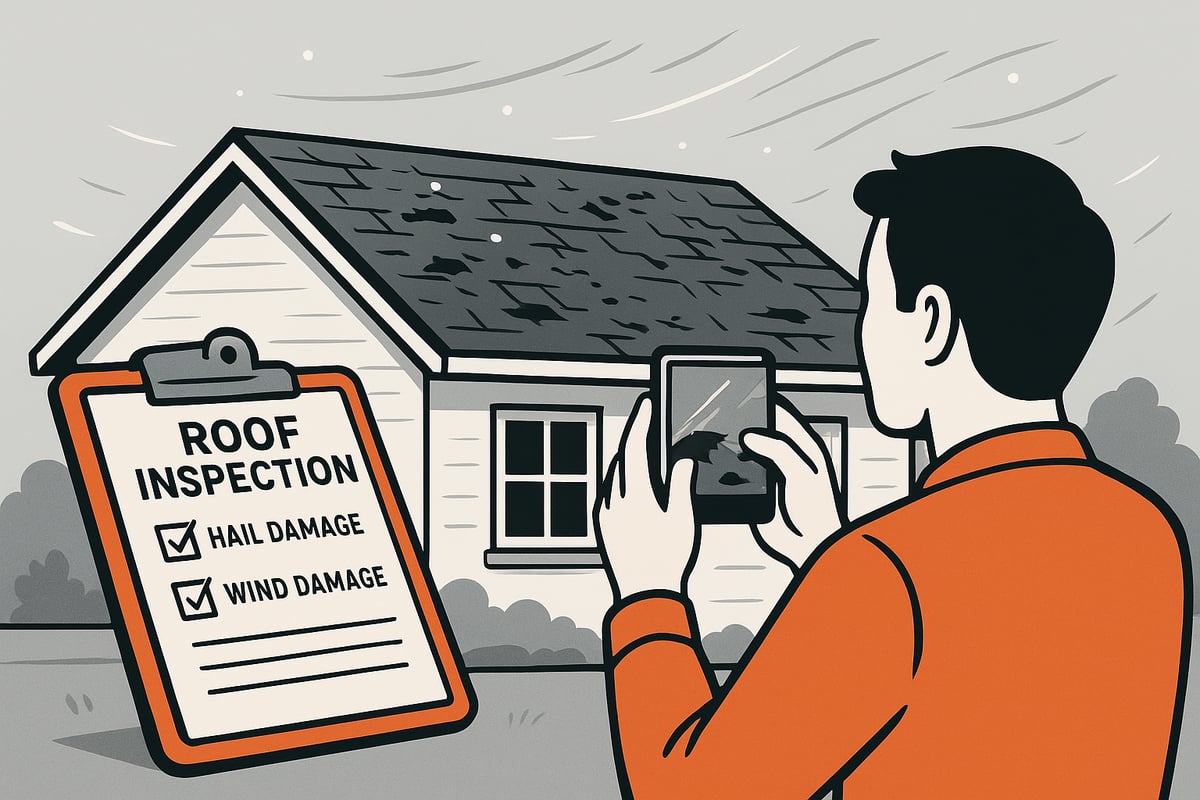 Man inspecting residential roof for hail and wind damage, documenting findings on a clipboard labeled "Roof Inspection" with checkboxes for hail and wind damage.