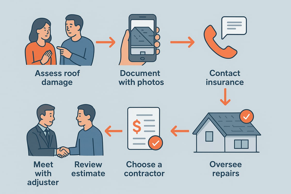 Multi-step flowchart illustrating the roof replacement insurance claim process, featuring actions like assessing damage, documenting with photos, contacting insurance, meeting with an adjuster, reviewing estimates, choosing a contractor, and overseeing repairs.