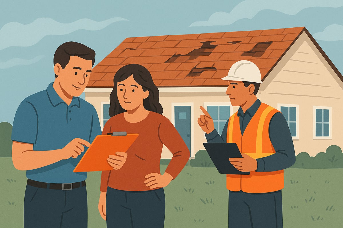 Homeowner discussing roof damage with insurance adjuster and contractor, clipboard in hand, damaged roof in background, emphasizing roof replacement insurance claims process.