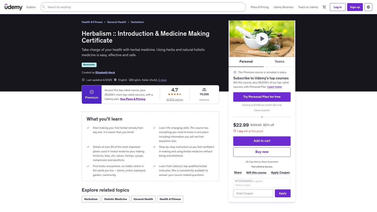 7 Best Holistic Medicine Courses Online for 2025 - Herbalism: Introduction & Medicine Making Certificate (Udemy)