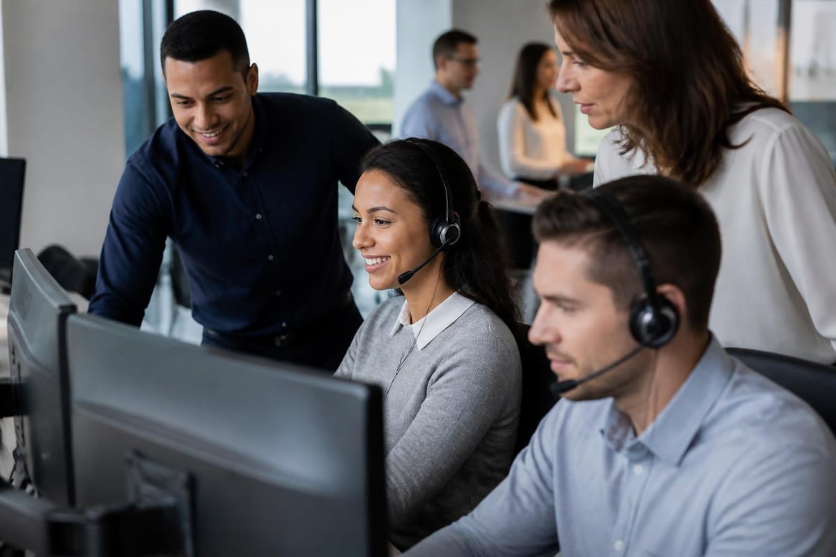 Team of customer service representatives collaborating in a modern office, utilizing headsets and computers, illustrating effective CX outsourcing practices and omnichannel support delivery.