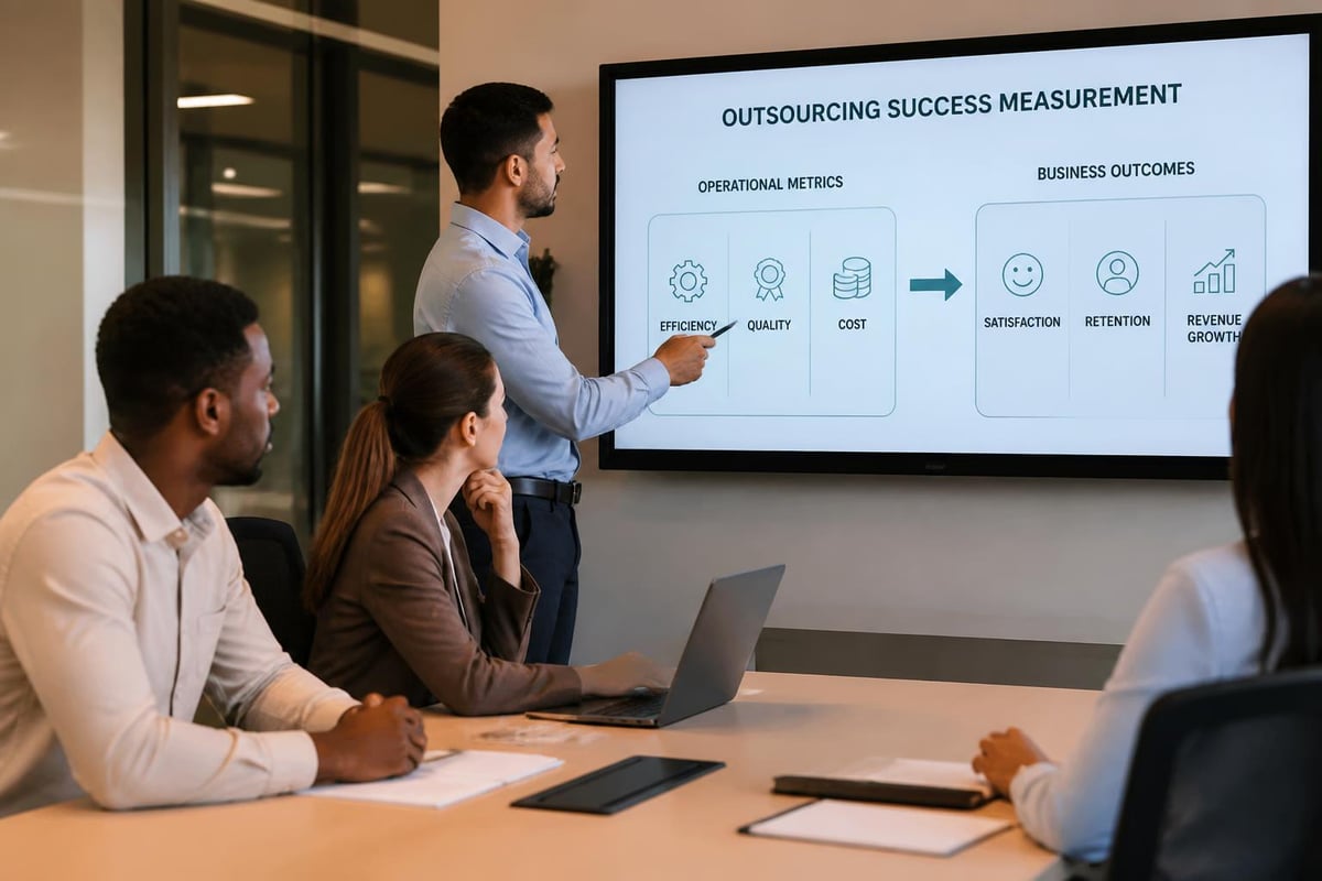 Business meeting discussing outsourcing success measurement, highlighting operational metrics like efficiency, quality, and cost, leading to outcomes of customer satisfaction, retention, and revenue growth.