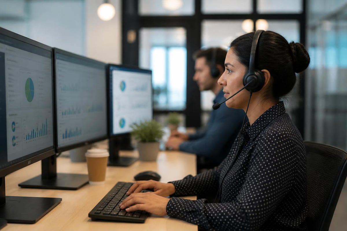 Customer service agent using multiple monitors with data analytics, focused on managing inquiries in a modern office environment.