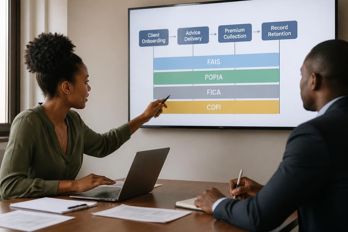 FAIS, POPIA, FICA and COFI compliance modules mapped to broker workflows