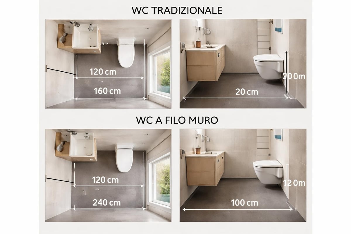 Confronto dimensionale sanitari tradizionali vs filo parete