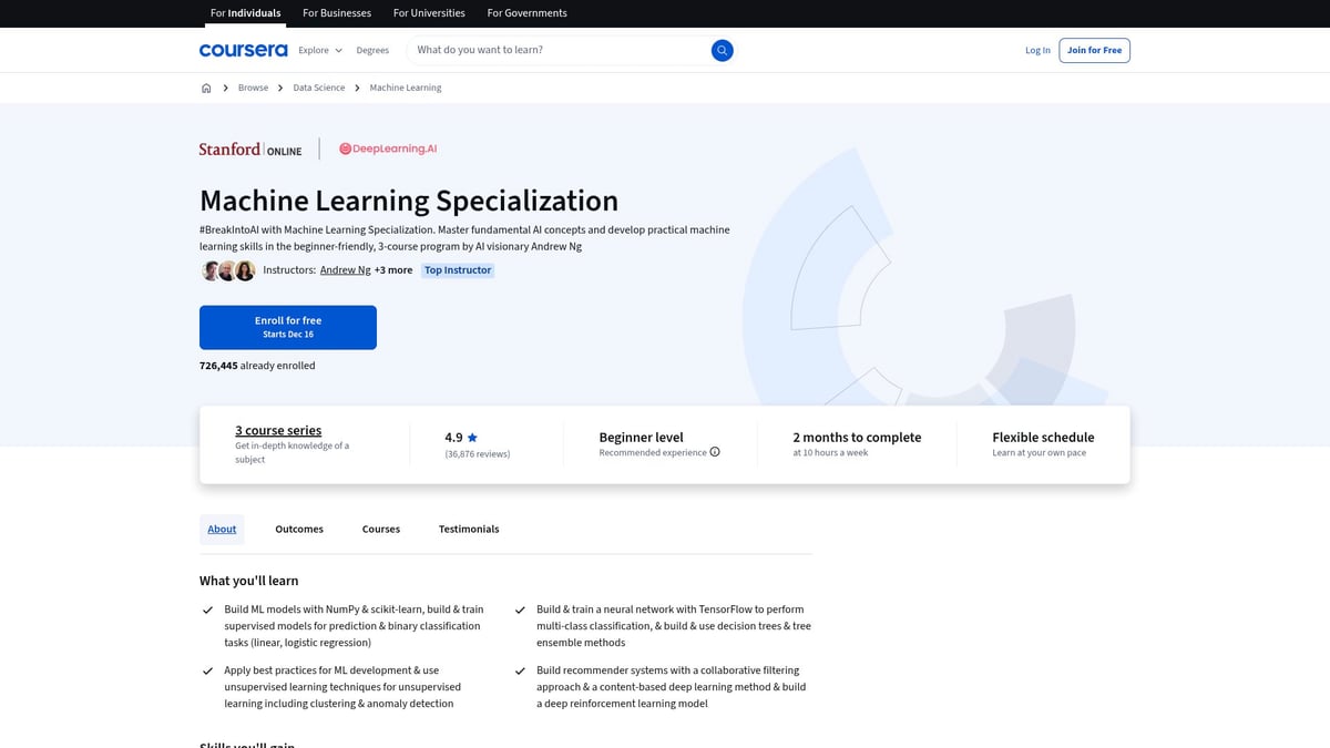 Top 8 Picks for the Best Course in Machine Learning 2026 - Machine Learning Specialization — Coursera (Andrew Ng, Stanford)