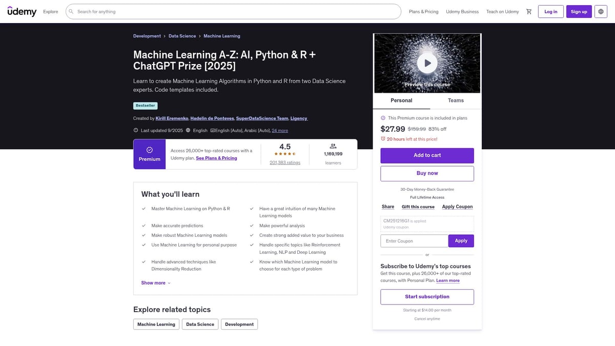 Top 8 Picks for the Best Course in Machine Learning 2026 - Machine Learning A-Z™: Hands-On Python & R in Data Science — Udemy (Kirill Eremenko)